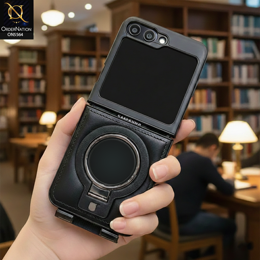 Samsung Galaxy Z Flip 6 Cover - Black - New Rimbmax High Quality Leather Case With Metal Camera Ring And KickStand
