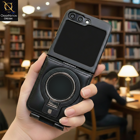 Samsung Galaxy Z Flip 6 Cover - Black - New Rimbmax High Quality Leather Case With Metal Camera Ring And KickStand