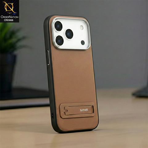 iPhone 17 Pro Max Cover - Brown - X-LEVEL Case Leather Coated PC TPU Phone Back Cover with Metal Kickstand