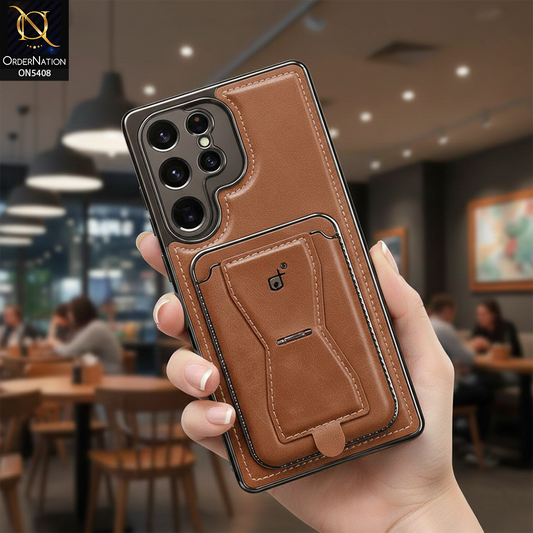 Samsung Galaxy S25 Ultra Cover - Light Brown - Rimbmax Premium Leather Protective Case With Portable Folding Bracket Card Holder