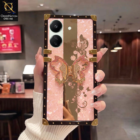 Xiaomi Redmi 13C - Rose Pink - Luxury Shiny Rhinestone Butterfly Electroplated Square Trunk Soft Case