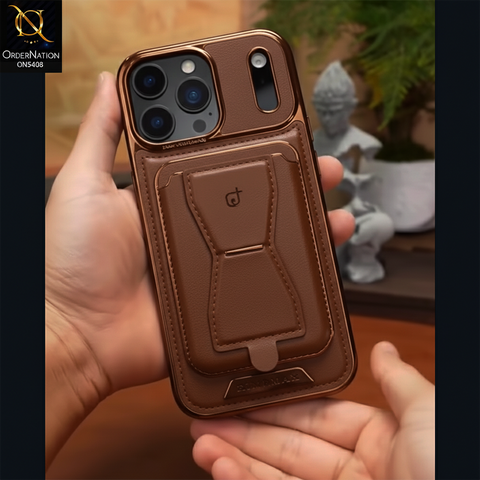 iPhone 17 Pro Max Cover - Coffee - Rimbmax Premium Leather Protective Case With Portable Folding Bracket Card Holder