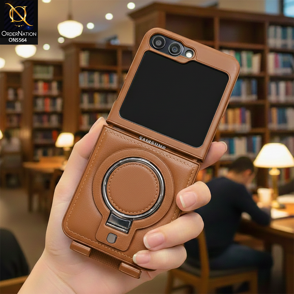 Samsung Galaxy Z Flip 5 Cover - Brown - New Rimbmax High Quality Leather Case With Metal Camera Ring And KickStand