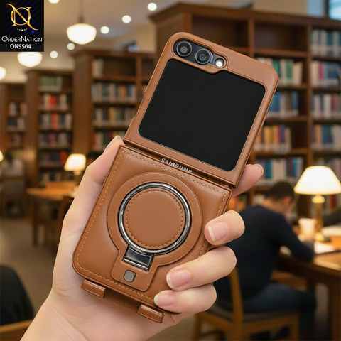 Samsung Galaxy Z Flip 5 Cover - Brown - New Rimbmax High Quality Leather Case With Metal Camera Ring And KickStand