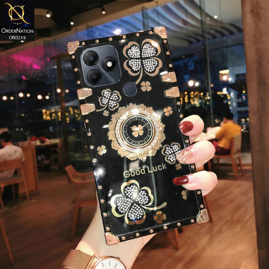 Itel P55 4G Cover - Black - Square Bling Diamond Glitter Soft TPU Trunk Case with Ring Holder