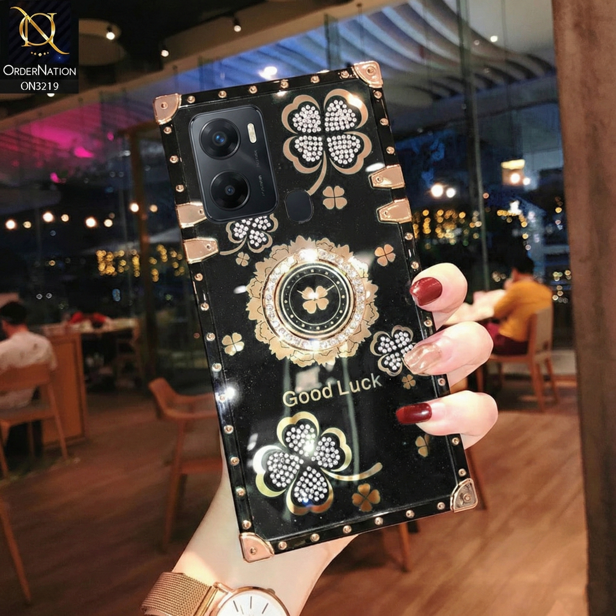 Infinix Smart 10 Cover - Black - Square Bling Diamond Glitter Soft TPU Trunk Case with Ring Holder