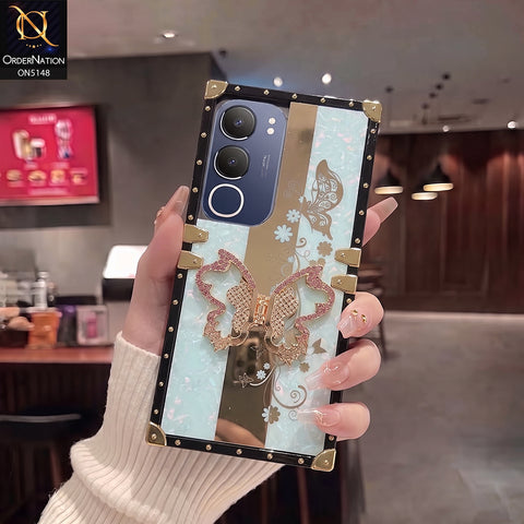 Vivo Y19s Cover - Aqua - Luxury Shiny Rhinestone Butterfly Electroplated Square Trunk Soft Case