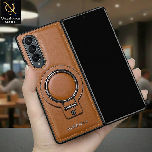 Samsung Galaxy Z Fold 4 5G Cover - Brown - New Rimbmax High Quality Leather Case With Metal Camera Ring And KickStand