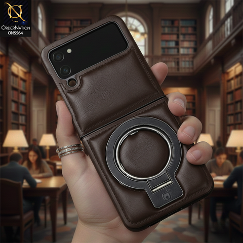 Samsung Galaxy Z Flip 3 5G Cover - Brown - New Rimbmax High Quality Leather Case With Metal Camera Ring And KickStand