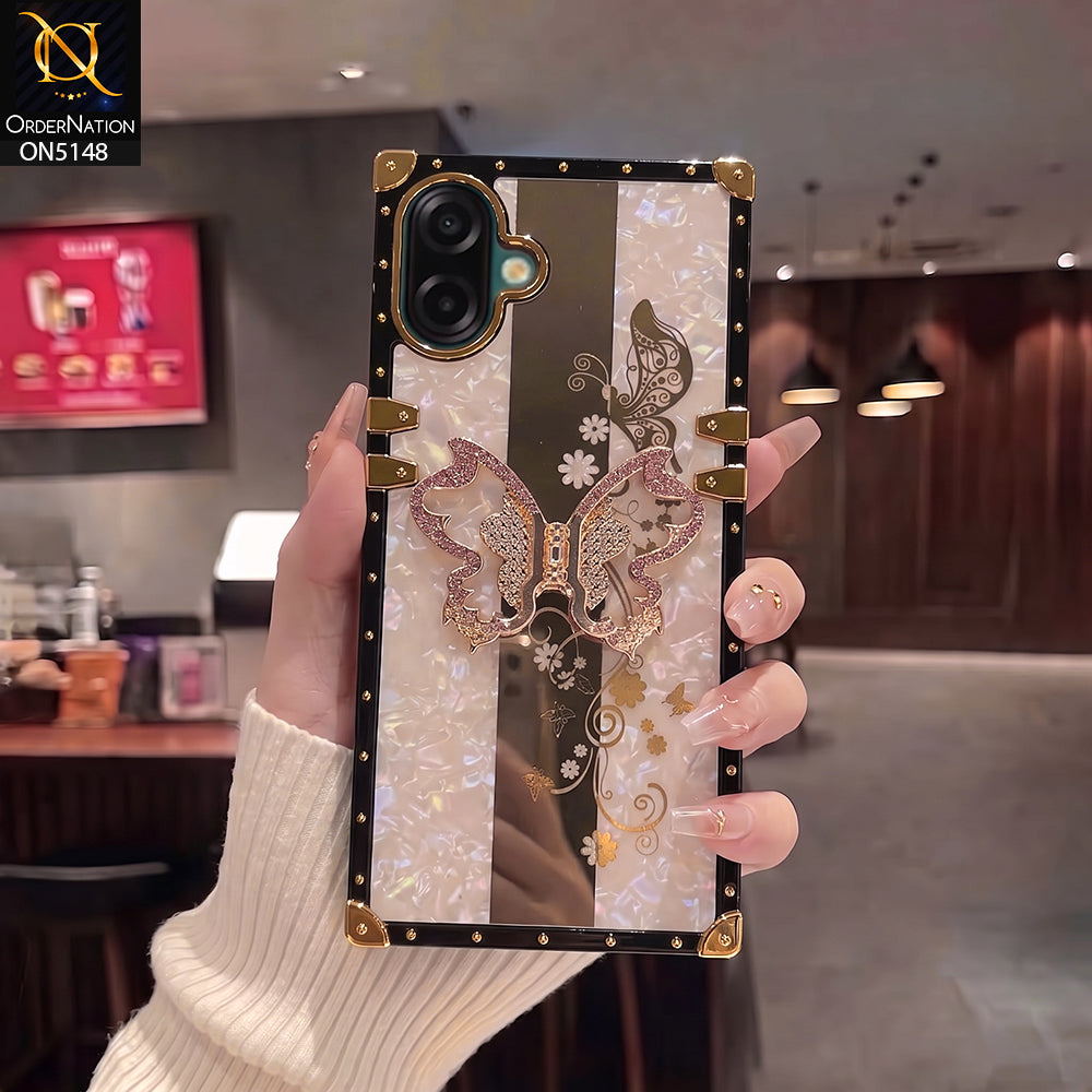Samsung Galaxy M07 - Rose Gold - Luxury Shiny Rhinestone Butterfly Electroplated Square Trunk Soft Case