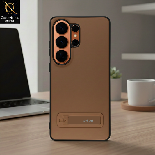 Samsung Galaxy S26 Ultra Cover - Brown - X-LEVEL Case Leather Coated PC TPU Phone Back Cover with Metal Kickstand