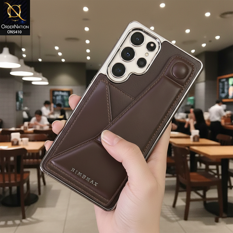 Samsung Galaxy S25 Ultra Cover - Dark Brown - Rimbmax Premium Leather Case With Card Holder And Kickstand Holder