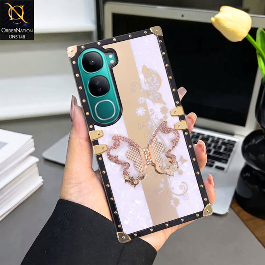 Vivo V40 Lite (IDN) Cover - Purple - Luxury Shiny Rhinestone Butterfly Electroplated Square Trunk Soft Case
