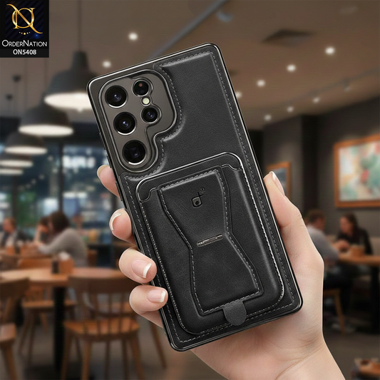 Samsung Galaxy S25 Ultra Cover - Black - Rimbmax Premium Leather Protective Case With Portable Folding Bracket Card Holder