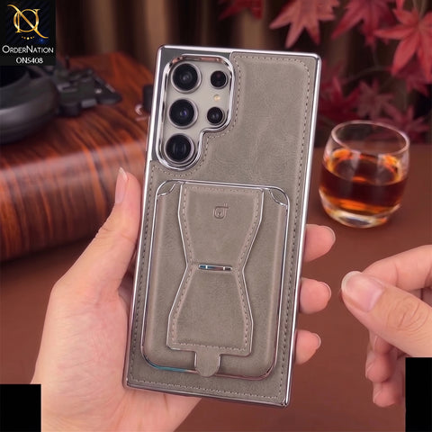 Samsung Galaxy S26 Ultra - Gray - Rimbmax Premium Leather Protective Case With Portable Folding Bracket Card Holder