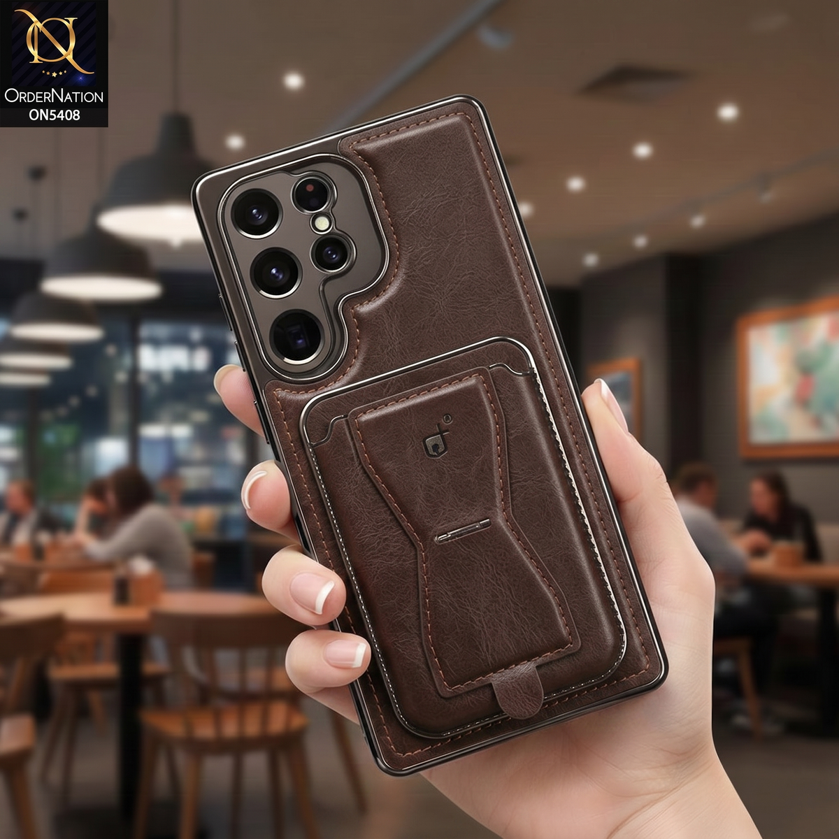 Samsung Galaxy S25 Ultra Cover - Dark Brown - Rimbmax Premium Leather Protective Case With Portable Folding Bracket Card Holder