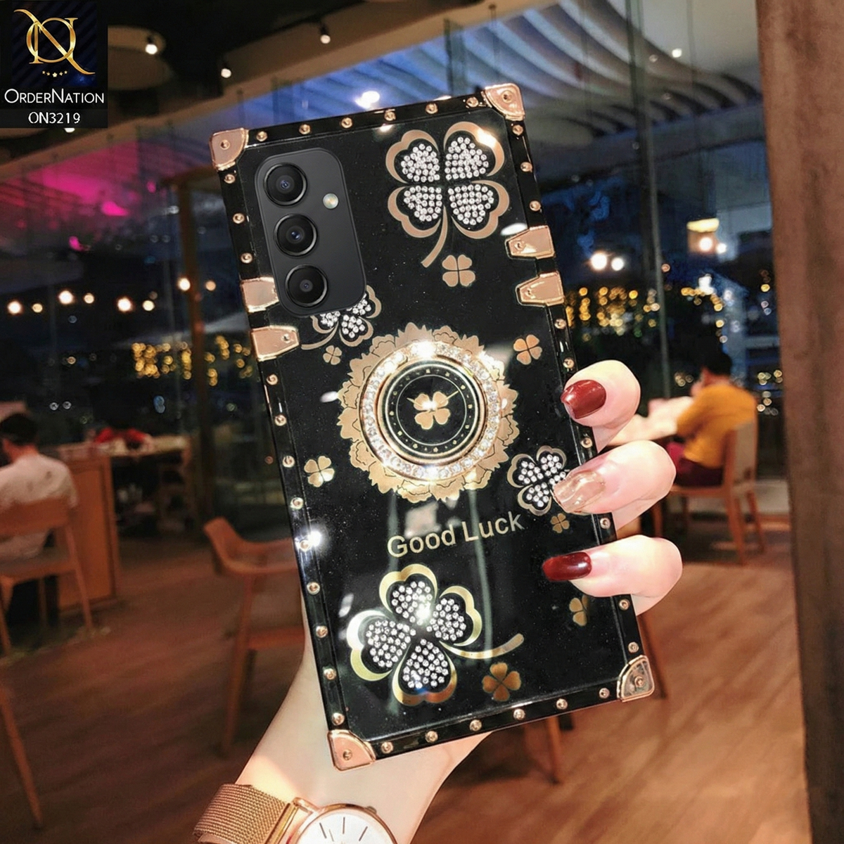 Infinix Smart 8 Cover - Black - Square Bling Diamond Glitter Soft TPU Trunk Case with Ring Holder