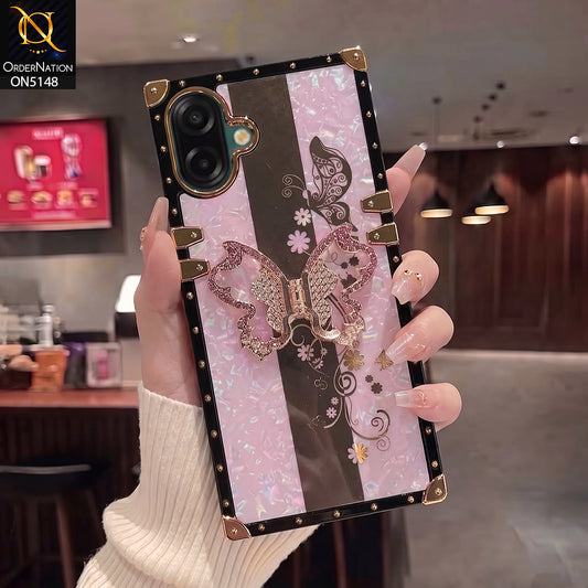 Samsung Galaxy M07 - Pink - Luxury Shiny Rhinestone Butterfly Electroplated Square Trunk Soft Case
