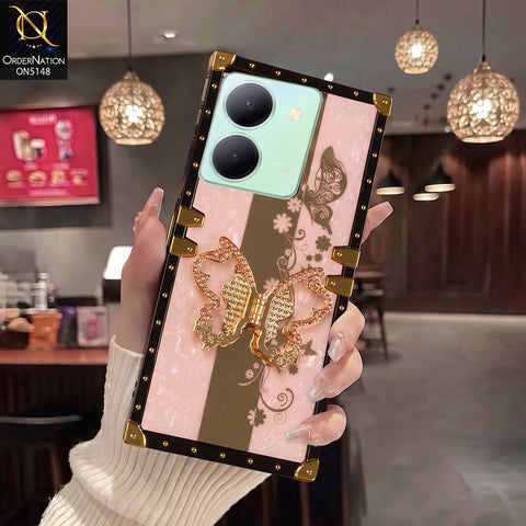 Vivo Y78 (China) Cover - Pink - Luxury Shiny Rhinestone Butterfly Electroplated Square Trunk Soft Case
