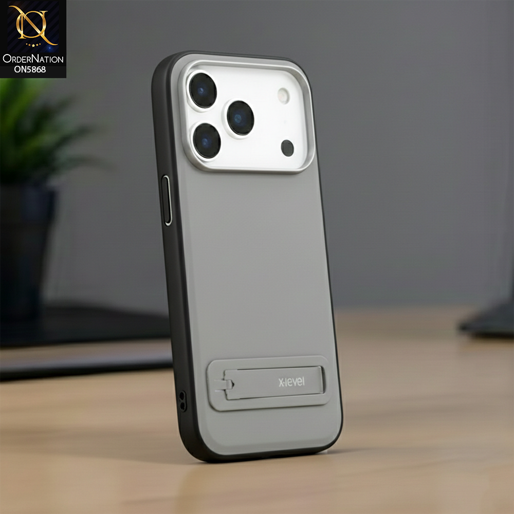 iPhone 17 Pro Max Cover - Gray - X-LEVEL Case Leather Coated PC TPU Phone Back Cover with Metal Kickstand