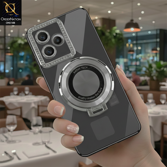 Xiaomi Redmi 13 Cover - Silver - Luxury Diamond Rhinestones Color Electroplating Borders Magsafe Magnetic Stand Holder Soft Clear Case With Camera Protection