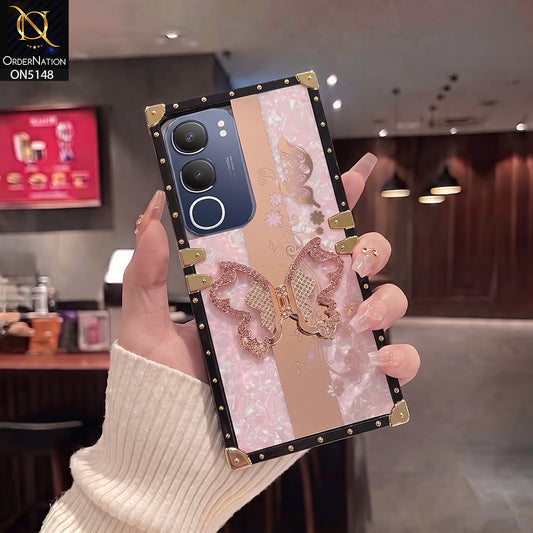Vivo Y29 5G Cover - Pink - Luxury Shiny Rhinestone Butterfly Electroplated Square Trunk Soft Case