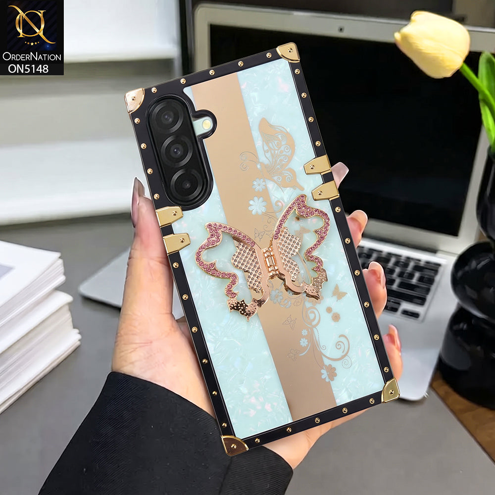 Samsung Galaxy A18 Cover - Aqua - Luxury Shiny Rhinestone Butterfly Electroplated Square Trunk Soft Case