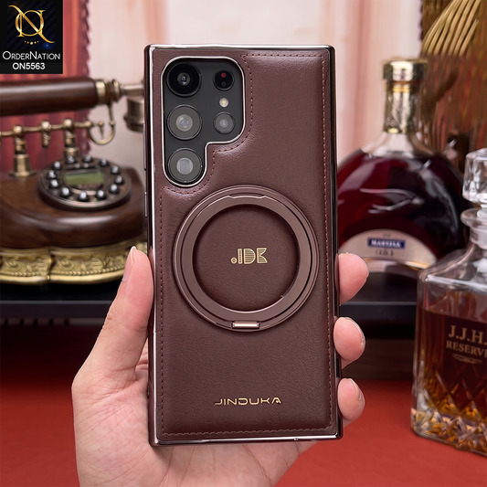 Samsung Galaxy S25 Ultra - Coffee Brown - New Jinduka Premium Leather Case With Metal Kick Stand And Mage Safe