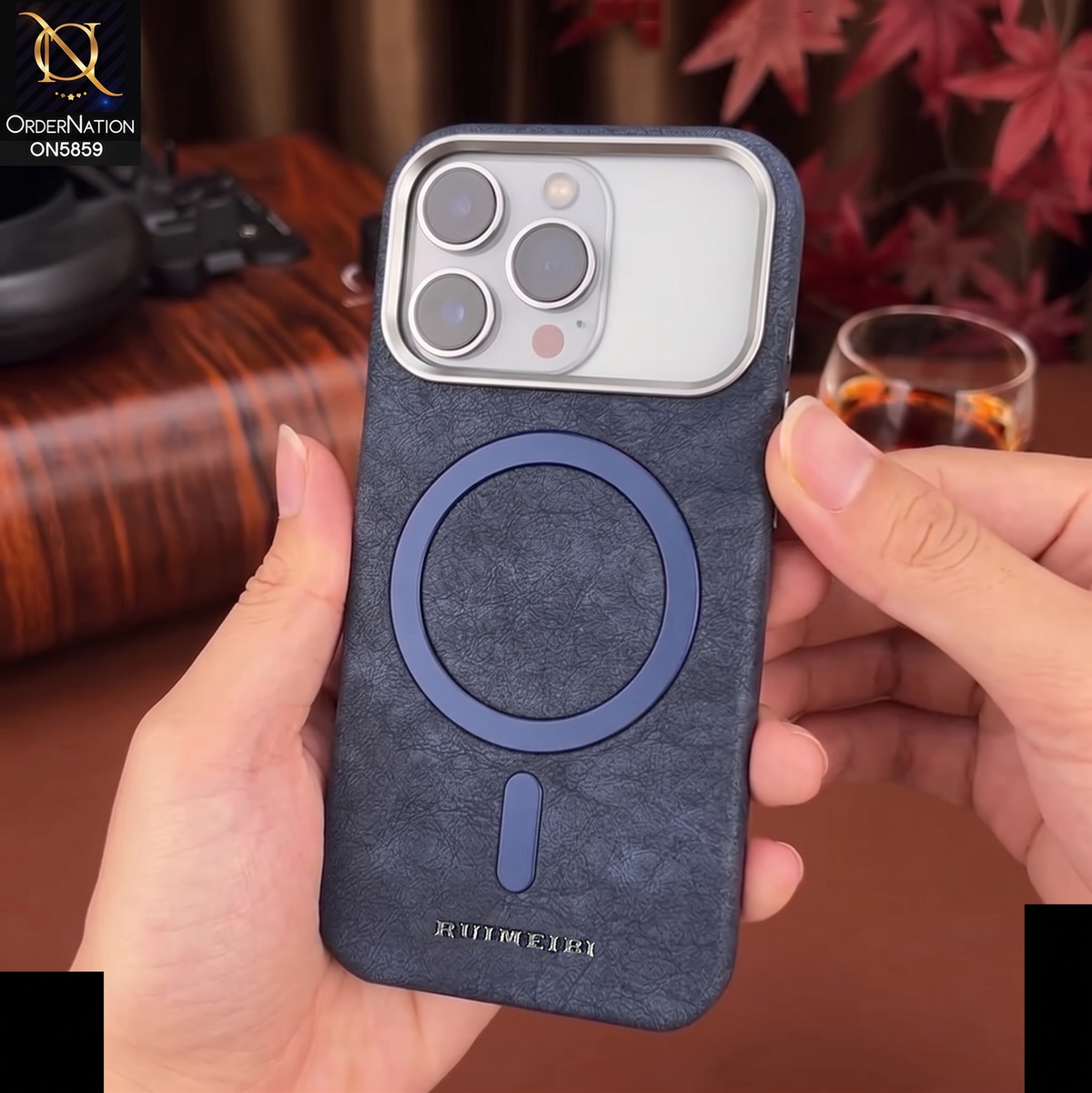 iPhone 17 Pro Max Cover - Blue - New Luxury Matte Leather Rimbmax Magnetic MagSafe Wireless Charging Soft Case
