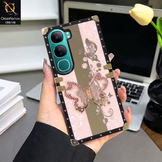 Vivo V40 Lite (IDN) Cover - Rose Gold - Luxury Shiny Rhinestone Butterfly Electroplated Square Trunk Soft Case
