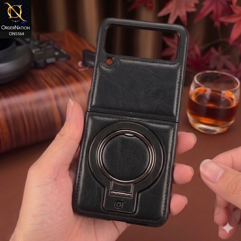 Samsung Galaxy Z Flip 4 5G - Black - New Rimbmax High Quality Leather Case With Metal Camera Ring And KickStand