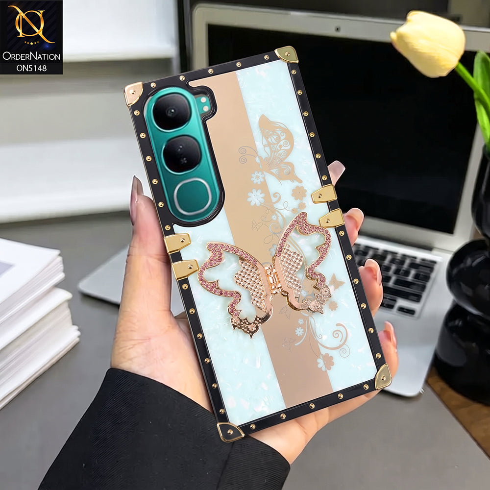 Vivo Y200 (2025) Cover - Aqua - Luxury Shiny Rhinestone Butterfly Electroplated Square Trunk Soft Case