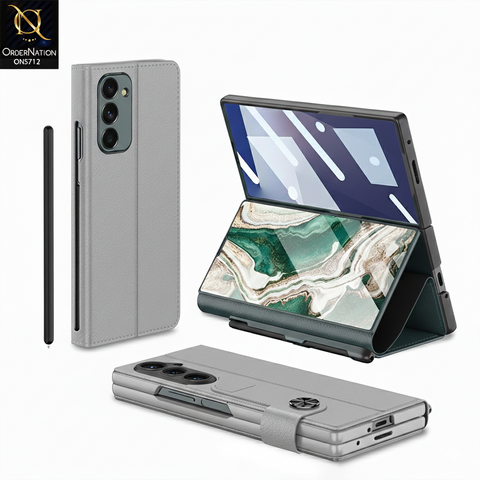 Samsung Galaxy Z Fold 7 Cover - Gray- New Premium Quality Luxury Flip Card Slot Leather Phone Case Magnetic Snap Fastener Bracket Shockproof Protective Cover