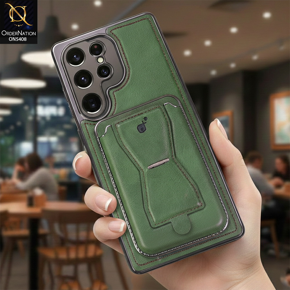 Samsung Galaxy S25 Ultra Cover - Green -  Rimbmax Premium Leather Protective Case With Portable Folding Bracket Card Holder