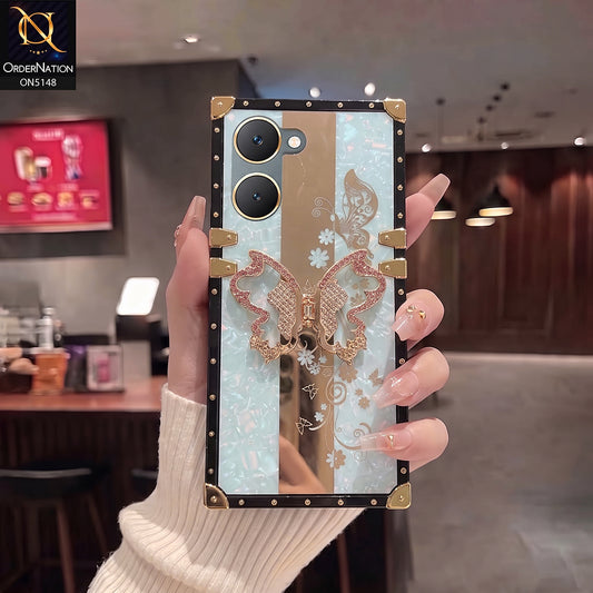 Vivo Y03t Cover - Aqua - Luxury Shiny Rhinestone Butterfly Electroplated Square Trunk Soft Case
