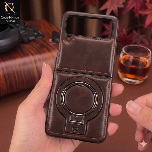 Samsung Galaxy Z Flip 3 5G - Coffee Brown - New Rimbmax High Quality Leather Case With Metal Camera Ring And KickStand