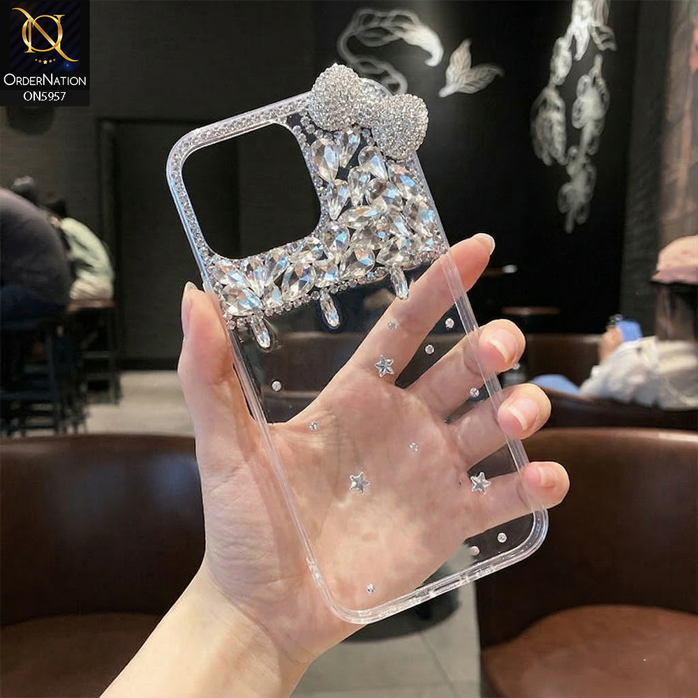 iPhone 14 Pro Max Cover - Silver - Glamorize 3D RhineStones And Bow Clear Case