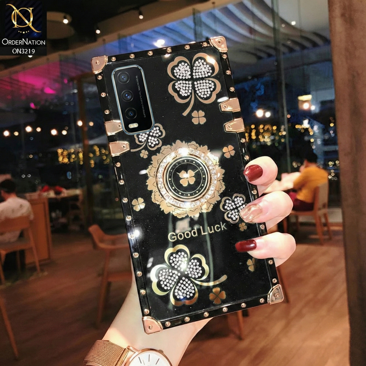 Vivo Y20 Cover - Black - Square Bling Diamond Glitter Soft TPU Trunk Case with Ring Holder