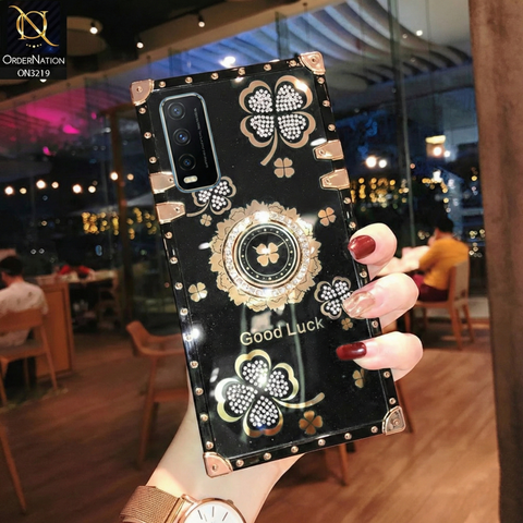 Vivo Y20 Cover - Black - Square Bling Diamond Glitter Soft TPU Trunk Case with Ring Holder