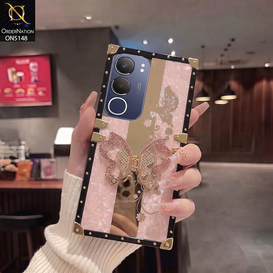 Vivo Y19s Cover - Rose Gold - Luxury Shiny Rhinestone Butterfly Electroplated Square Trunk Soft Case