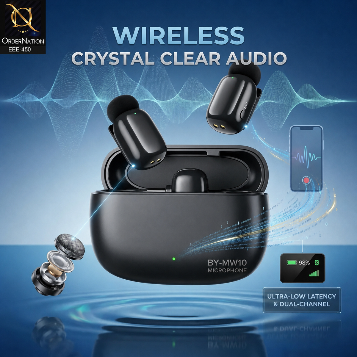 MW10 Dual Channel Wireless Microphone with Charging Case With Lightning & Type C Adapter