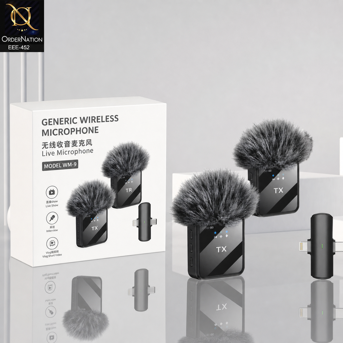 MW9 Wireless Dual Microphone for Live Streaming & Content Creation With Type C & lightning Adapter