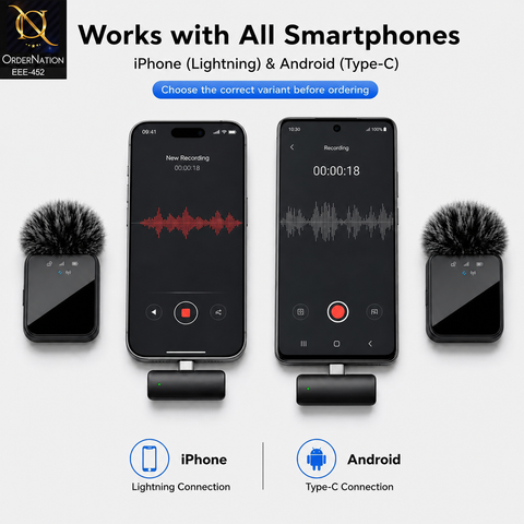 MW9 Wireless Dual Microphone for Live Streaming & Content Creation With Type C & lightning Adapter