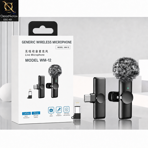 MW12 Wireless Live Microphone for Vlogging, Streaming & Content Creation With Type C & Lightning Adapter