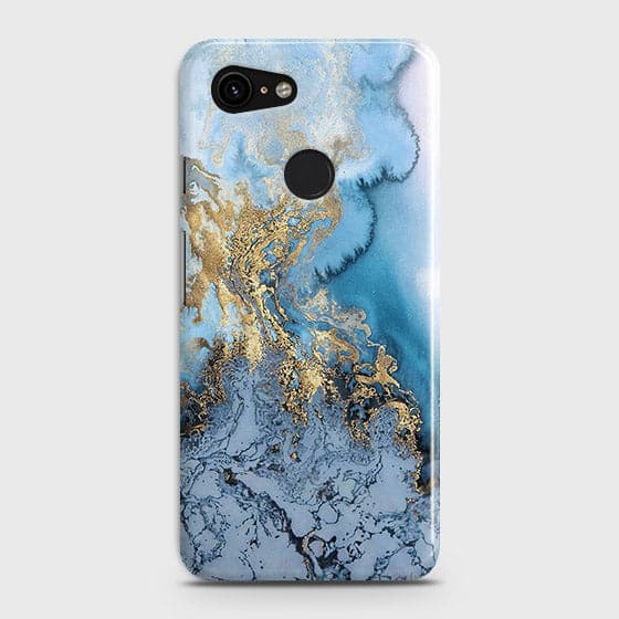 Pixel 3 XL - Trendy Golden & Blue Ocean Marble Printed Hard Case with Life Time Colors Guarantee B66 ( Fast Delivery )