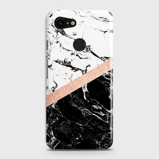 Google Pixel 3 XL Cover - Black & White Marble With Chic RoseGold Strip Case with Life Time Colors Guarantee (Fast Delivery)
