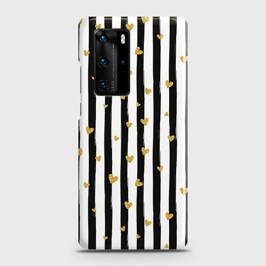 Huawei P40 Pro Cover - Trendy Black & White Lining With Golden Hearts Printed Hard Case with Life Time Colors Guarantee ( Fast Delivery )