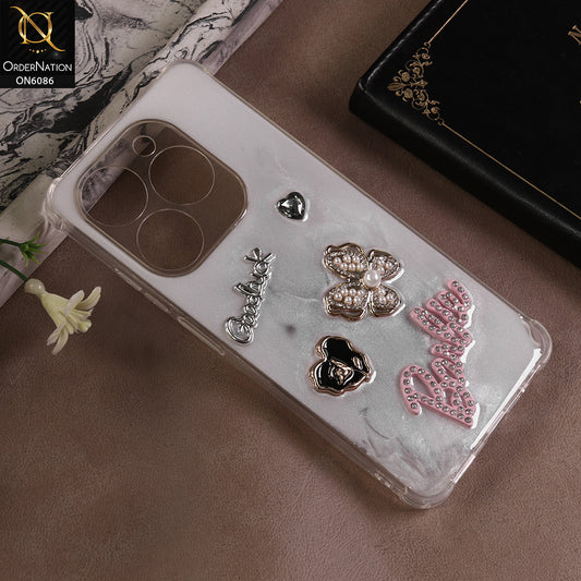 Infinix Hot 40i Cover - White - 3D Butterfly & Perfume Bottle Shinny Case Seamless Clear Borders Phone Cover