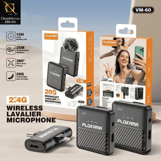 PLOKAMA VM-60 2.4G Wireless Lavalier Microphone Set- IOS & Android | 15H Battery & 25M Range