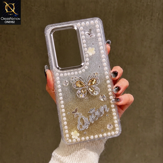 Samsung Galaxy A17 Cover - Yellow - Shiny Glitter Pearl Border Phone Case with Premium 3D Rhinestone Crown Style Back Cover